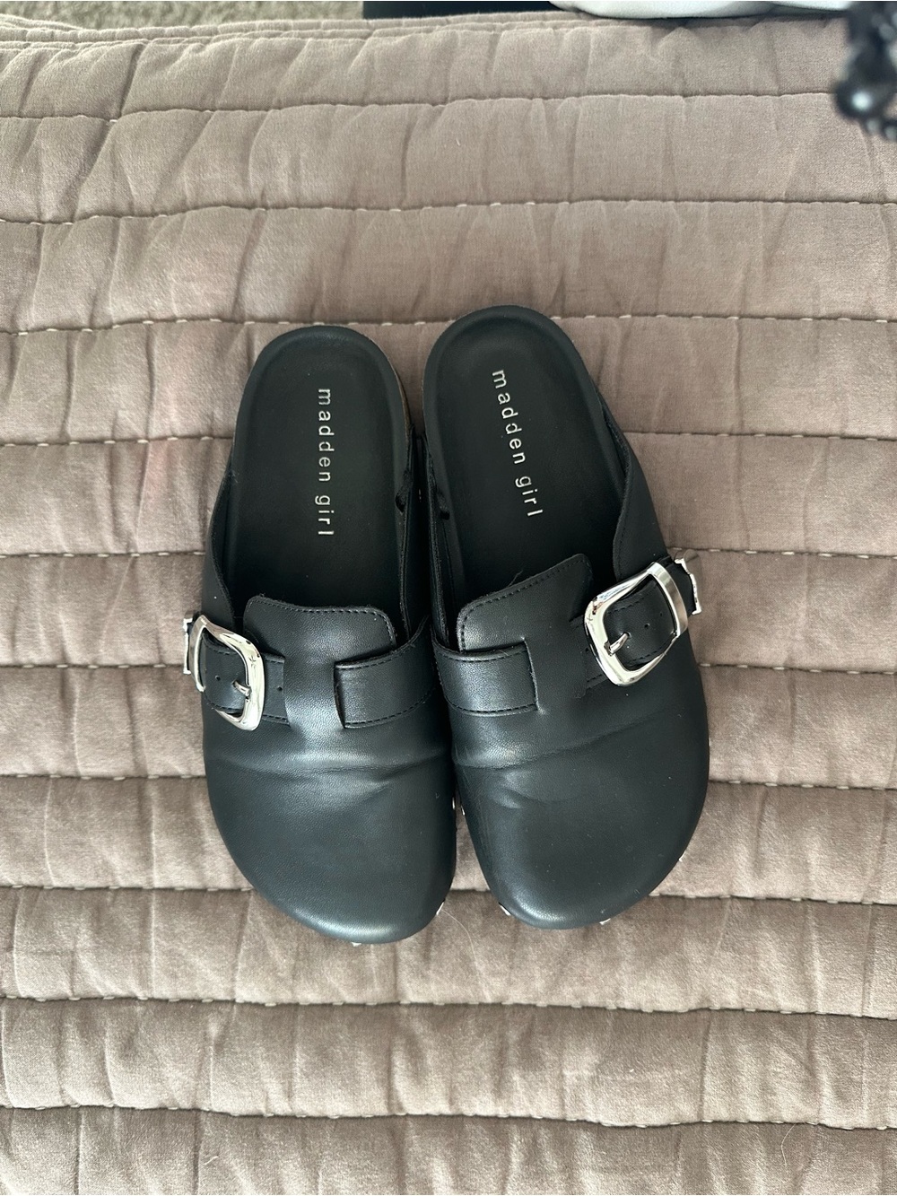 Madden Girl Black Slip-On Clogs with Silver Buckles